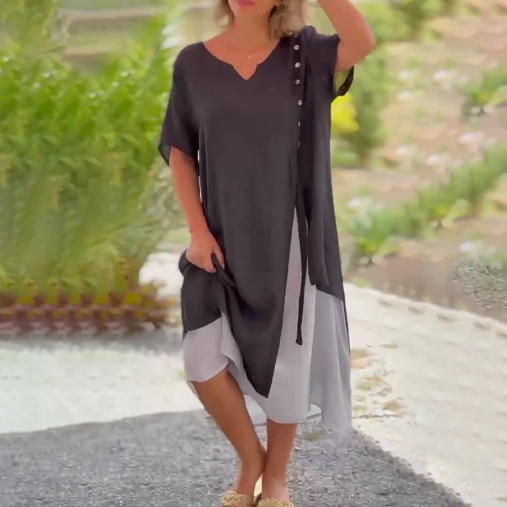 Polyester Blend Dress - Asymmetrical Hem And Relaxed Fit