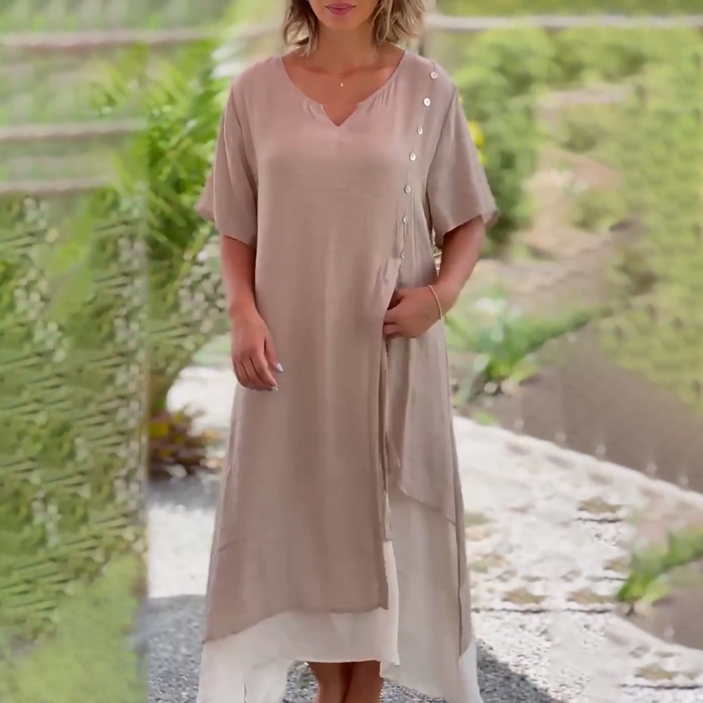 Polyester Blend Dress - Asymmetrical Hem And Relaxed Fit