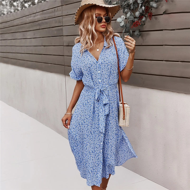 Polyester Blend Dress – Belted Waist And Airy Skirt Flow