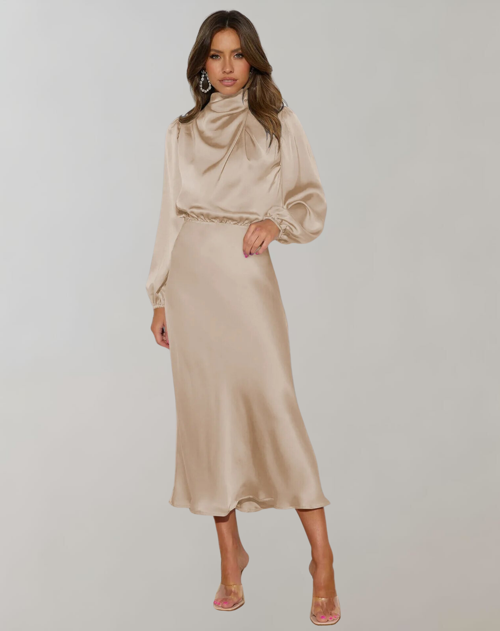 Polyester Blend Dress-High Neck Long-Sleeve & Smooth Drape