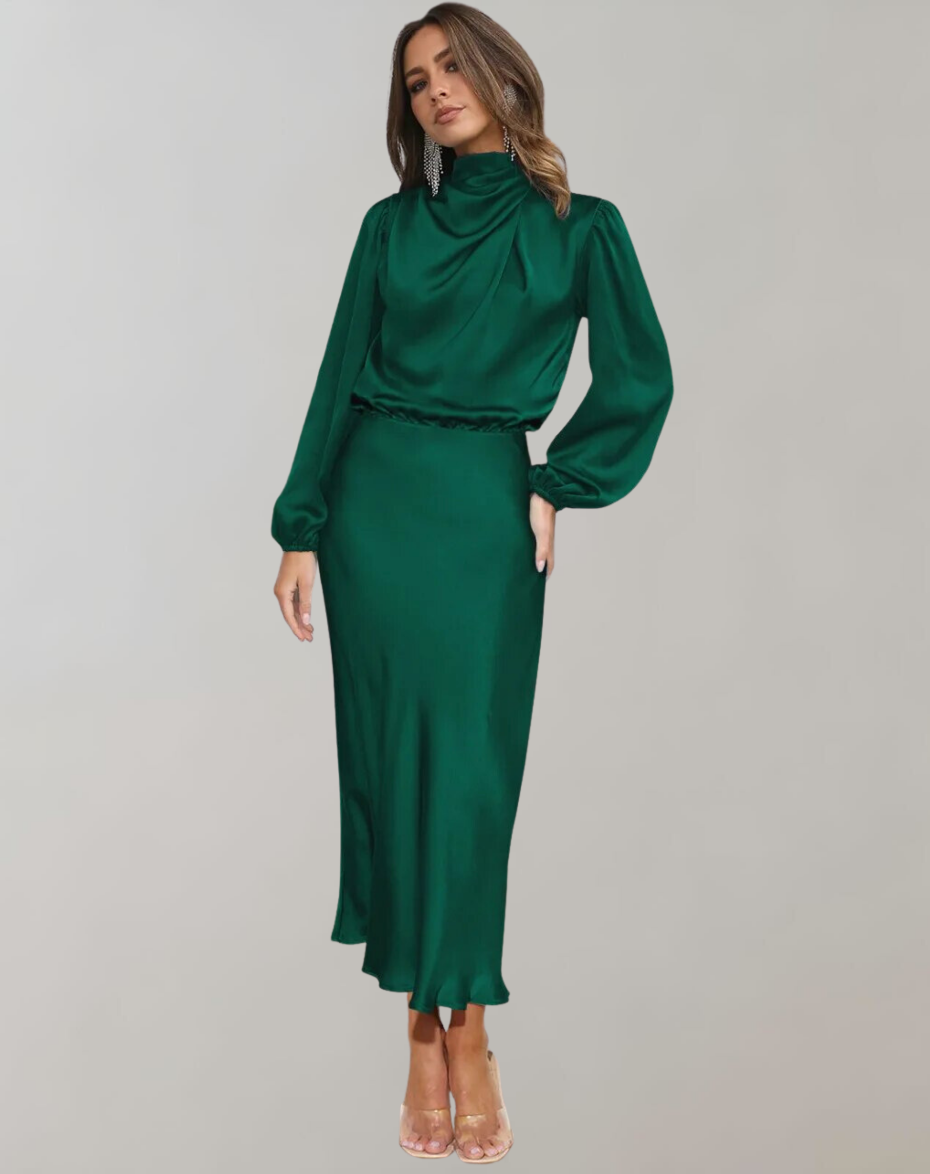 Polyester Blend Dress-High Neck Long-Sleeve & Smooth Drape