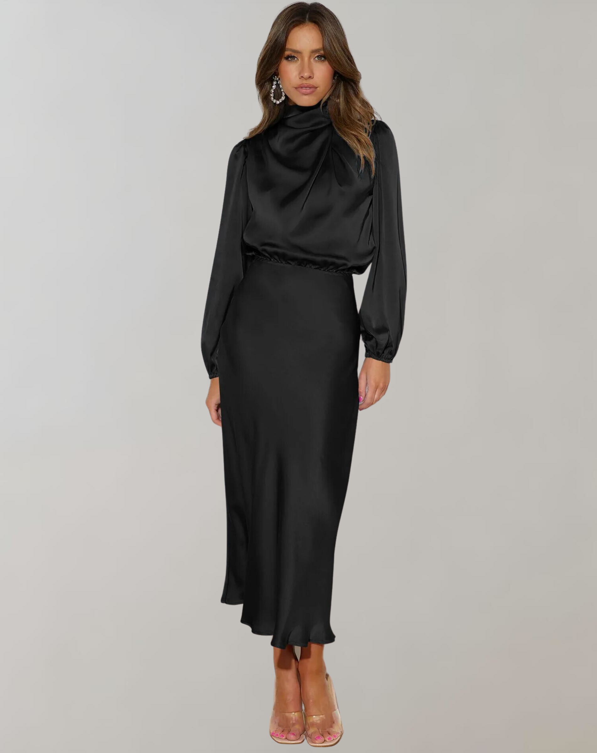 Polyester Blend Dress-High Neck Long-Sleeve & Smooth Drape