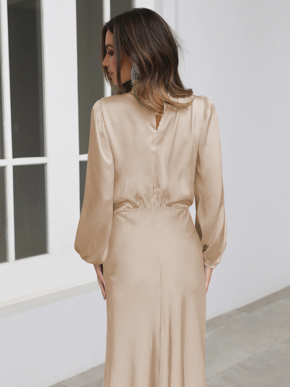 Polyester Blend Dress-High Neck Long-Sleeve & Smooth Drape