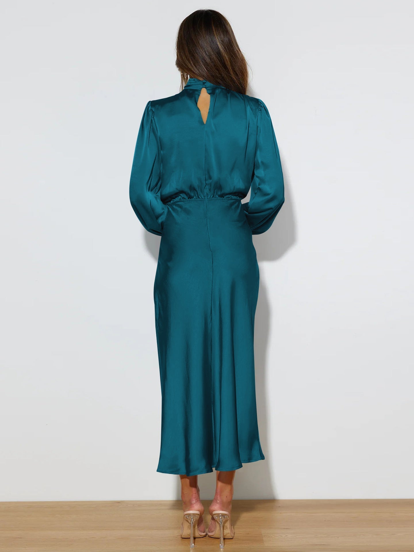 Polyester Blend Dress-High Neck Long-Sleeve & Smooth Drape