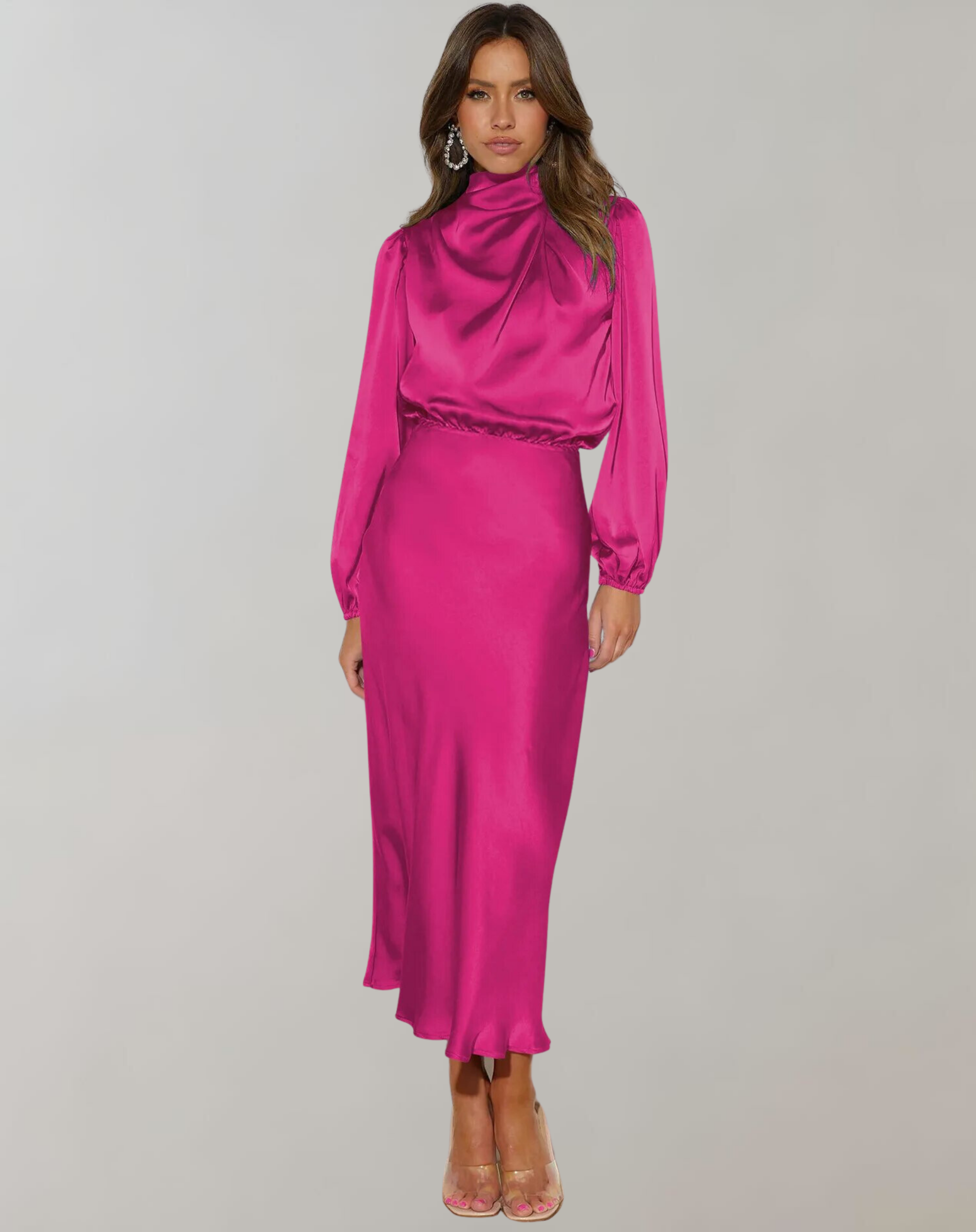 Polyester Blend Dress-High Neck Long-Sleeve & Smooth Drape