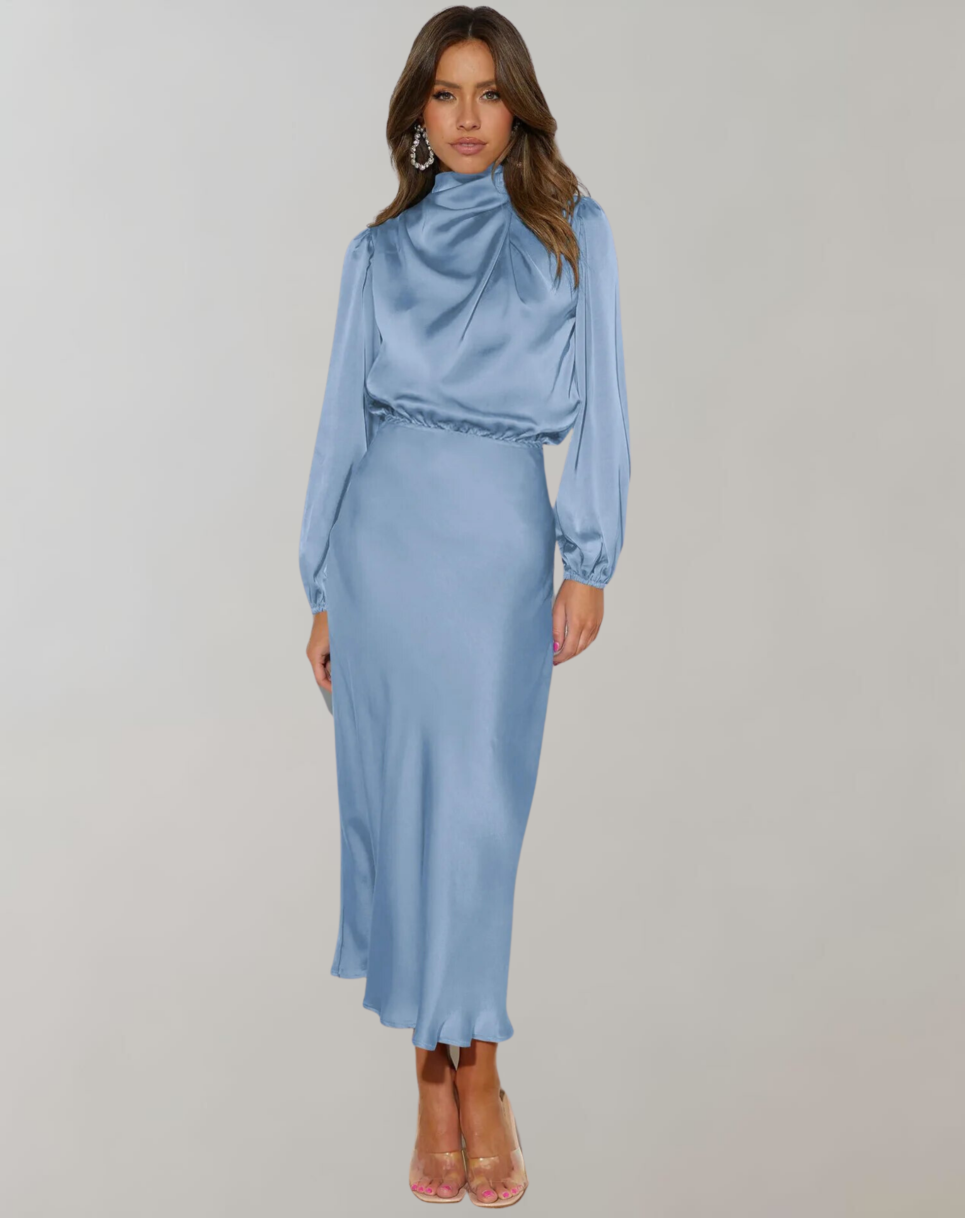 Polyester Blend Dress-High Neck Long-Sleeve & Smooth Drape