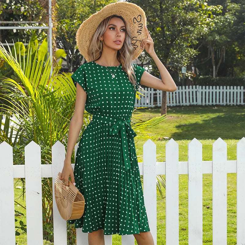 Polyester Blend Dress - High Waist Seam & Knee Length Ease