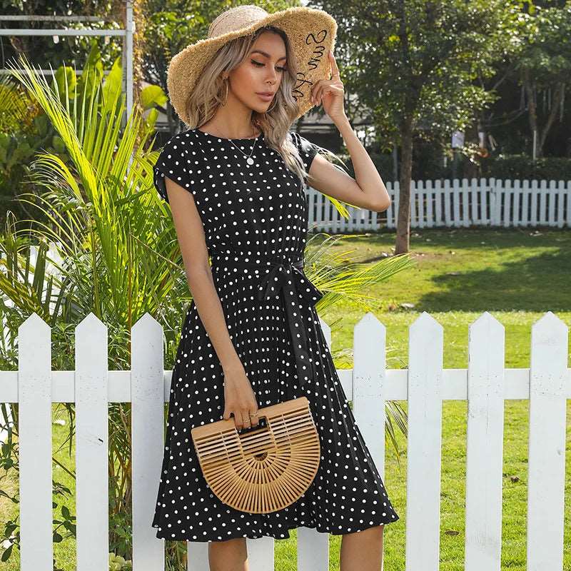 Polyester Blend Dress - High Waist Seam & Knee Length Ease
