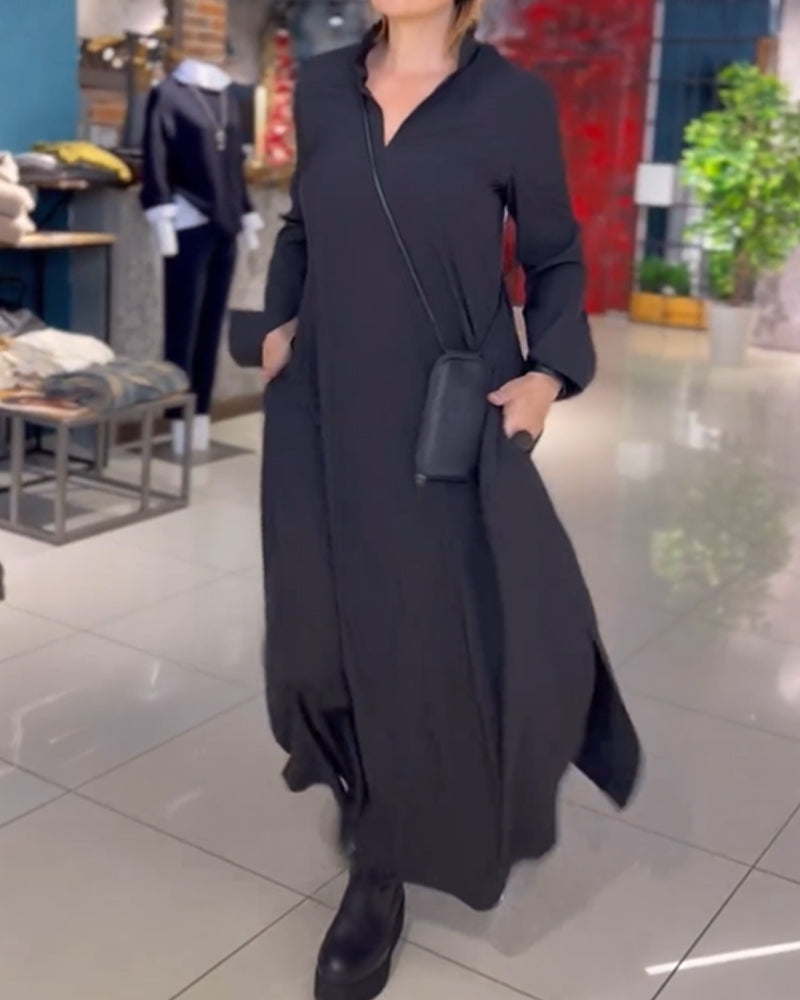 Polyester Blend Dress - Long Shirt Shape & Button Front