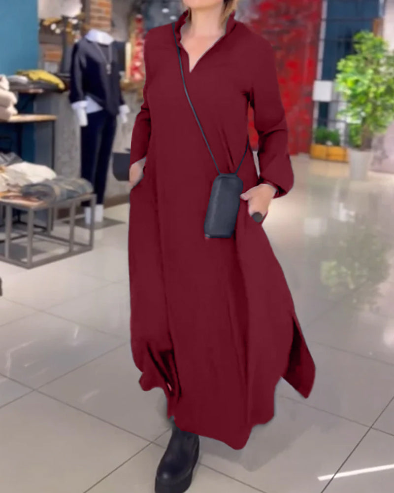 Polyester Blend Dress - Long Shirt Shape & Button Front