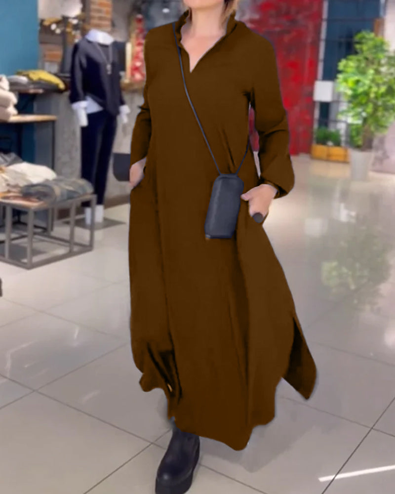 Polyester Blend Dress - Long Shirt Shape & Button Front