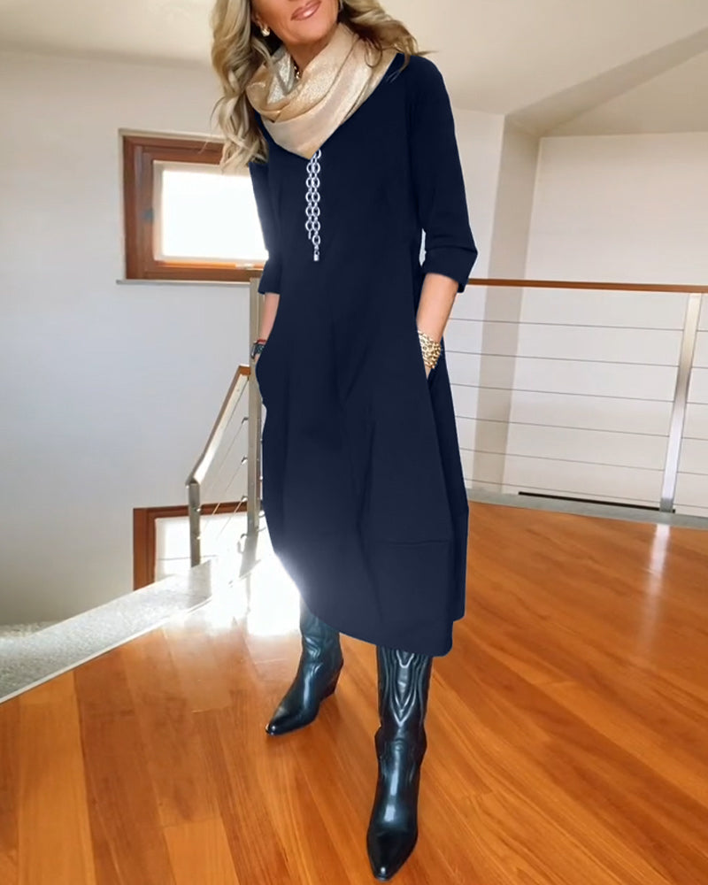 Polyester Blend Dress - Midcalf Hem And Easy Movement