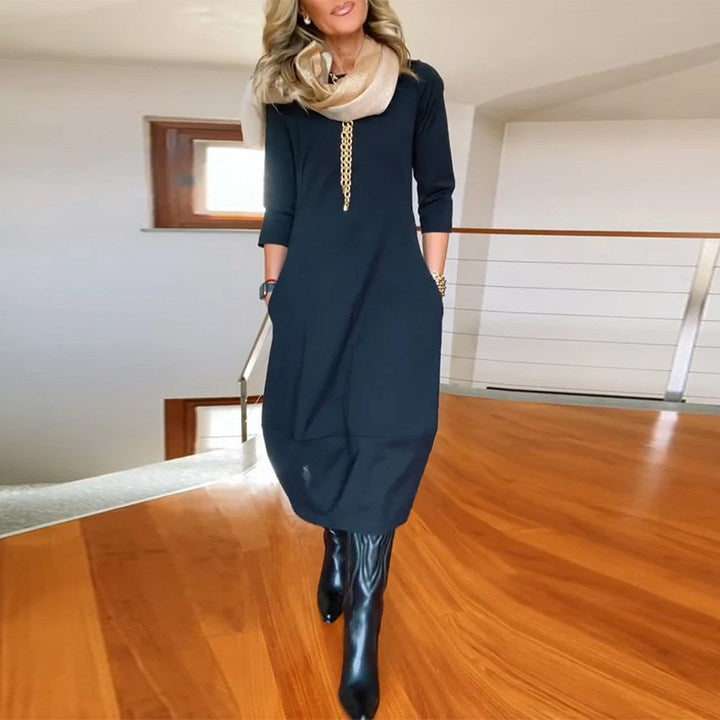 Polyester Blend Dress - Midcalf Hem And Easy Movement