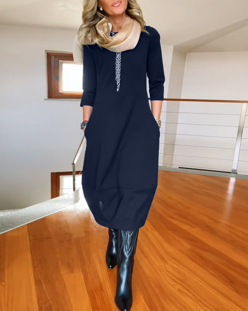 Polyester Blend Dress - Midcalf Hem And Easy Movement