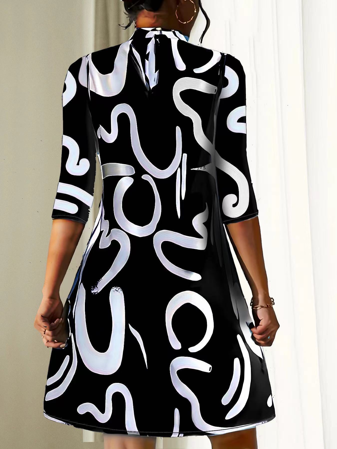 Polyester Blend Dress – O Neck & 3/4 Sleeves & Relaxed Fit