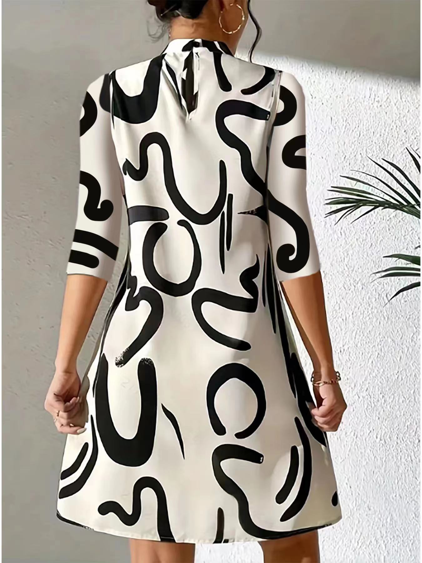 Polyester Blend Dress – O Neck & 3/4 Sleeves & Relaxed Fit