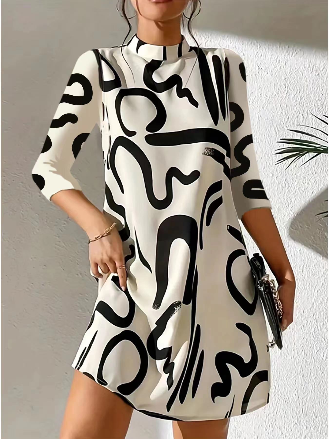 Polyester Blend Dress – O Neck & 3/4 Sleeves & Relaxed Fit