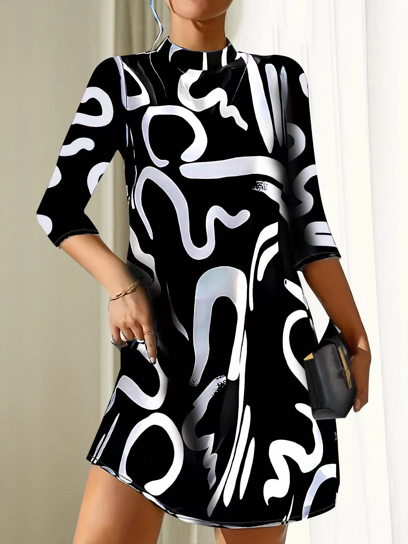 Polyester Blend Dress – O Neck & 3/4 Sleeves & Relaxed Fit