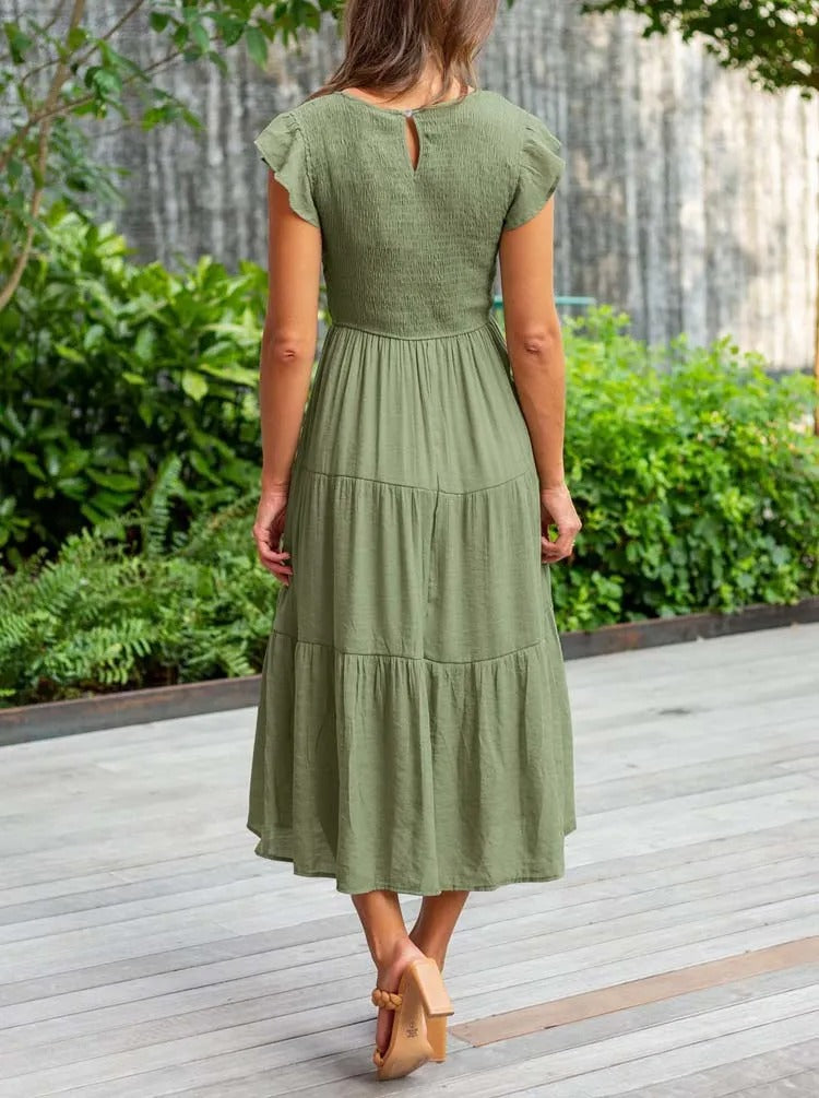 Polyester Blend Dress - Smocked Bodice And Flowing Midi
