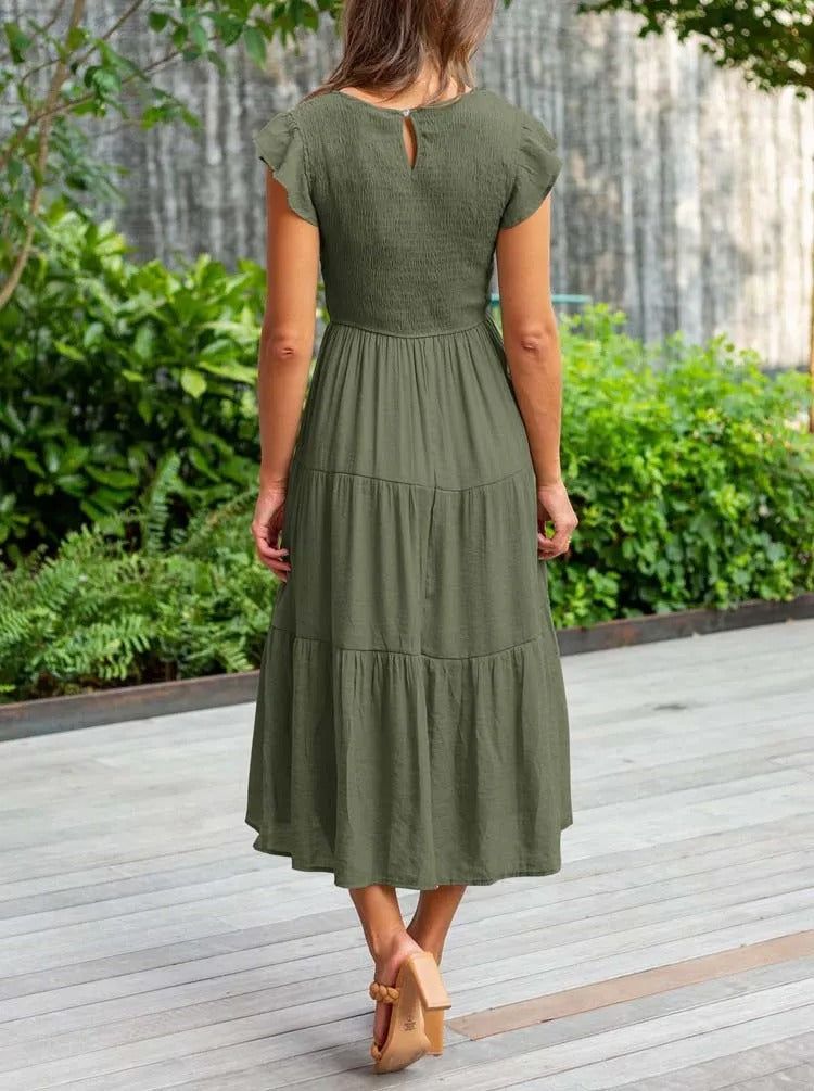 Polyester Blend Dress - Smocked Bodice And Flowing Midi