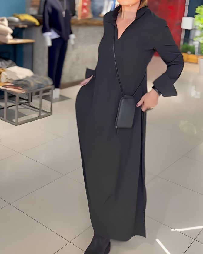 Polyester Blend Dress - Structured Panels And Smooth Fall