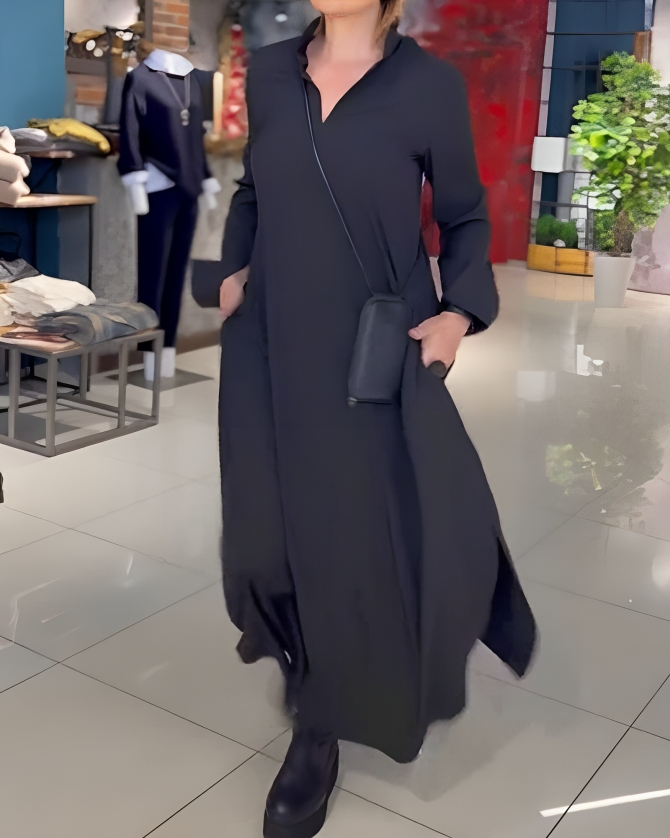 Polyester Blend Dress - Structured Panels And Smooth Fall