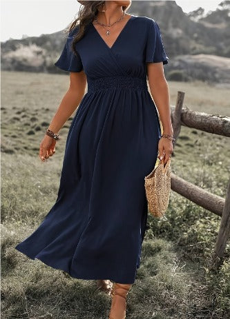 Polyester Blend Dress – V Neck And Flowy Skirt Ease