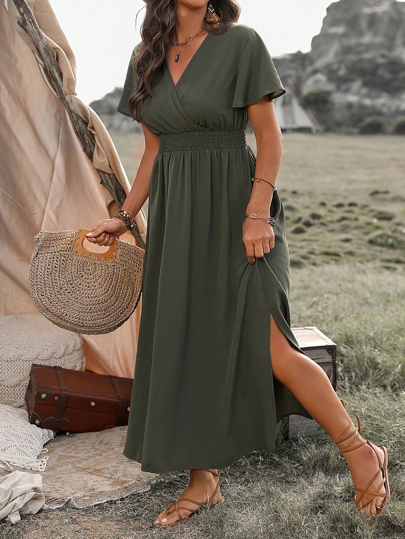 Polyester Blend Dress – V Neck And Flowy Skirt Ease