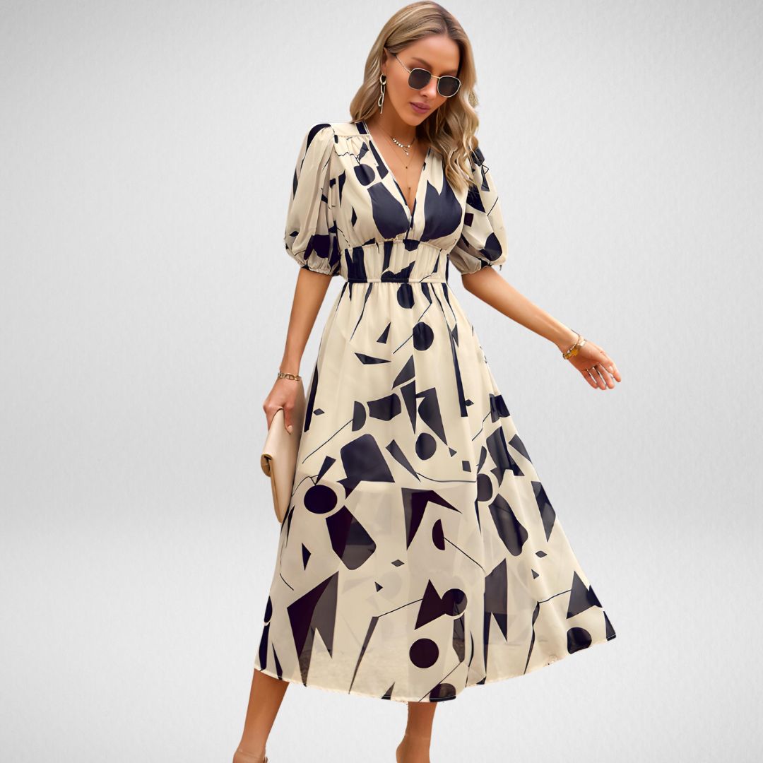 Polyester Blend Dress - V Neck, Puff Sleeves & Extra Length