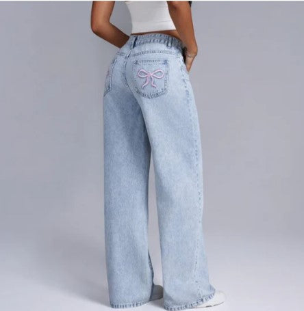Polyester Blend Jeans - Bow Waist Accent And Easy Movement