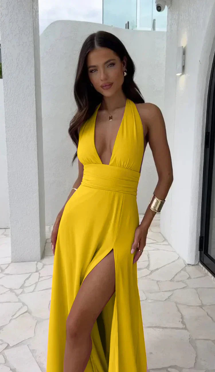 Polyester Blend Maxi Dress - Halter Neck & Fluid Drape