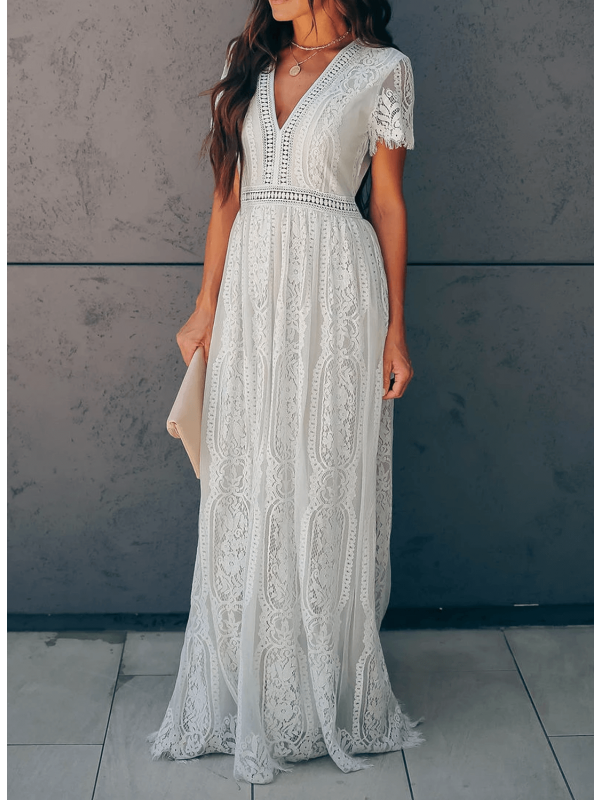 Polyester Blend Maxi Dress - Short Sleeves & Easy Movement