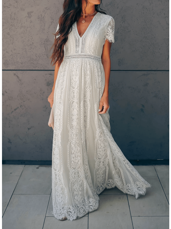 Polyester Blend Maxi Dress - Short Sleeves & Easy Movement