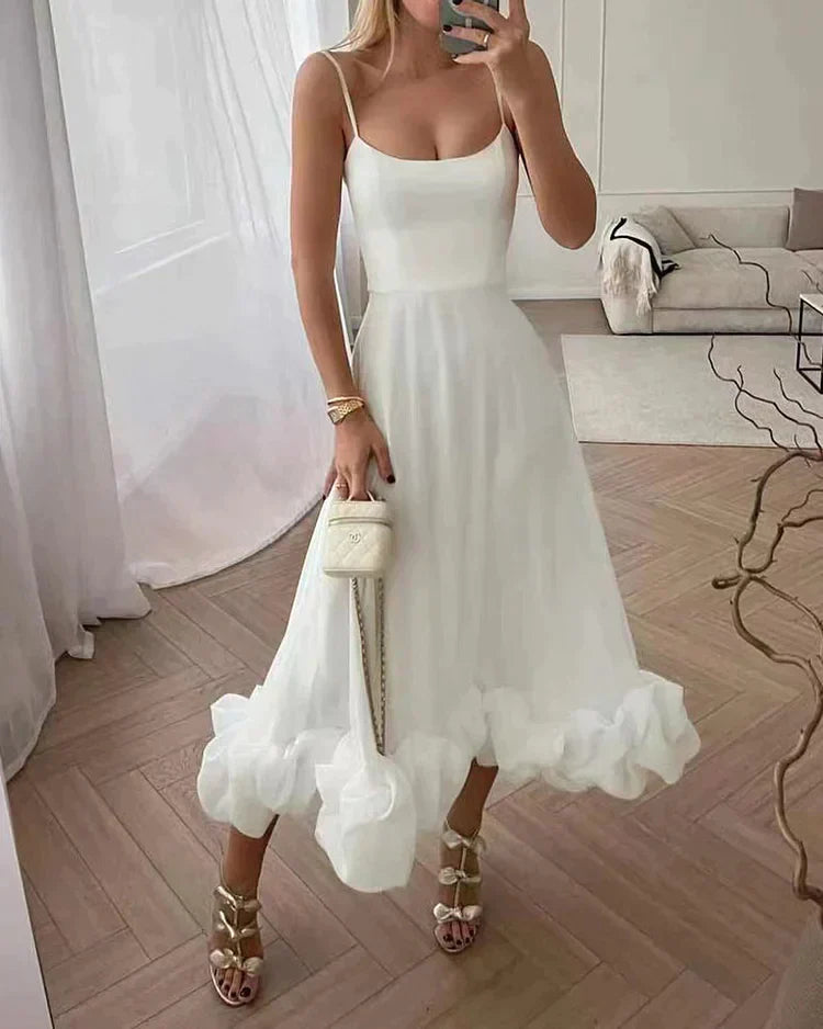 Polyester Blend Midi Dress - Ruffle Hem & Easy Movement