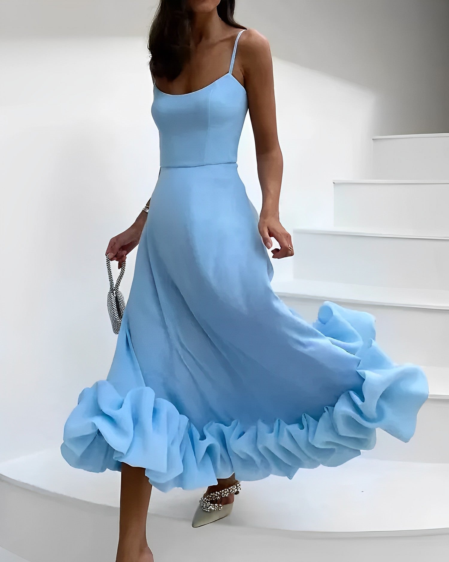 Polyester Blend Midi Dress - Ruffle Hem & Easy Movement