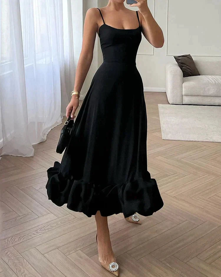 Polyester Blend Midi Dress - Ruffle Hem & Easy Movement