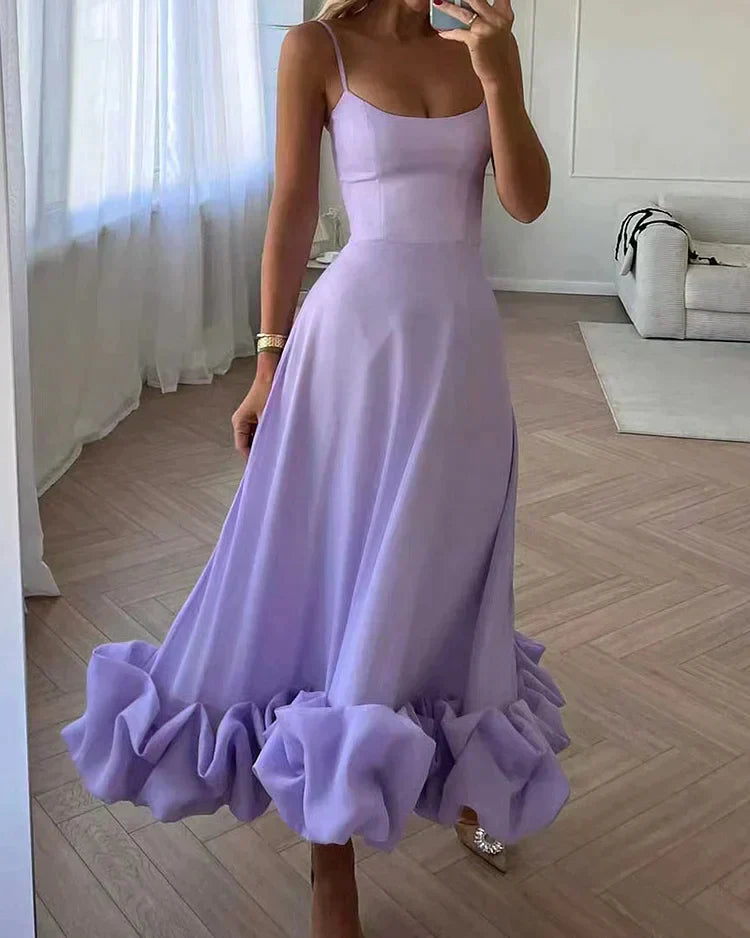 Polyester Blend Midi Dress - Ruffle Hem & Easy Movement