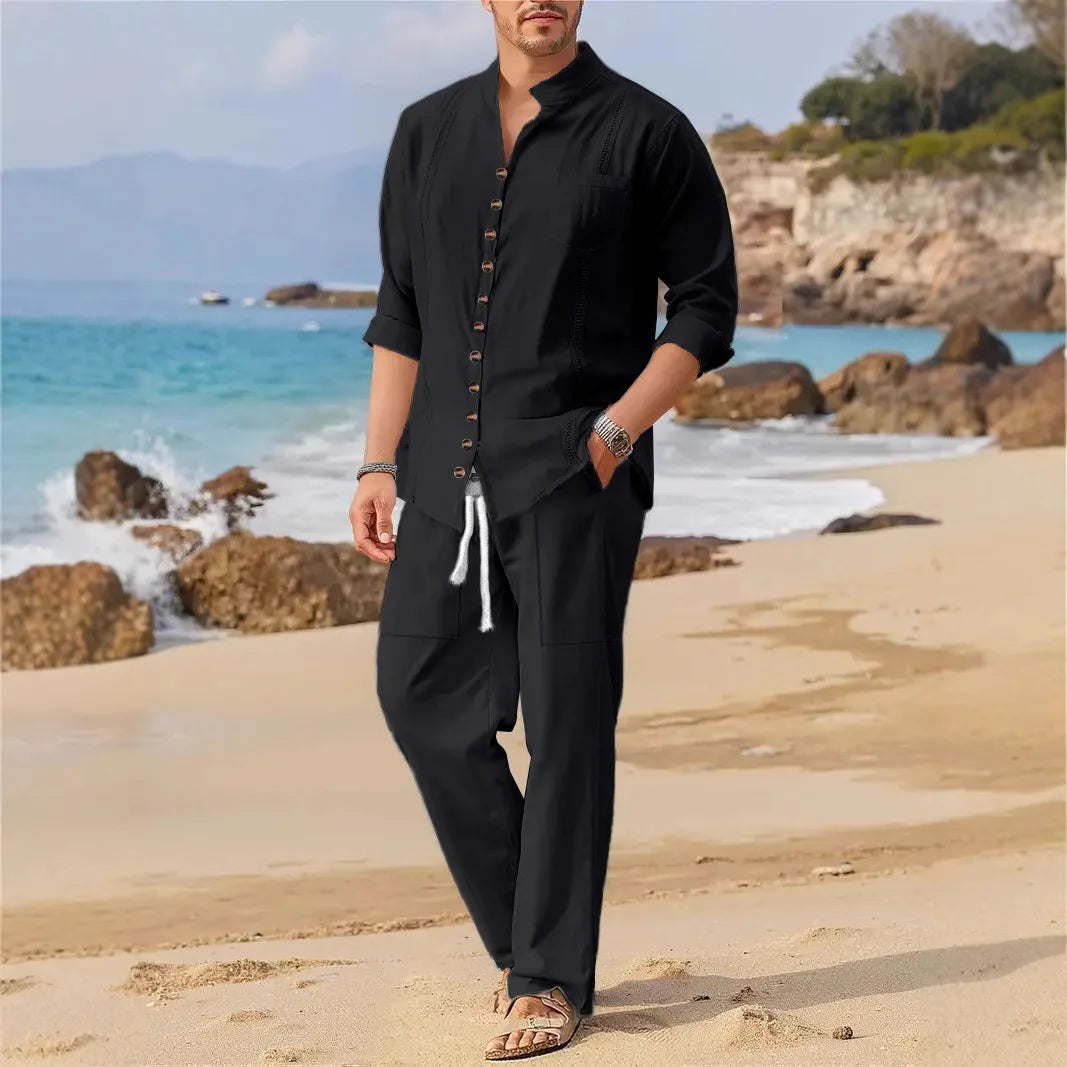 Polyester Blend Shirt – Cuban Collar And Roll Sleeve Fit