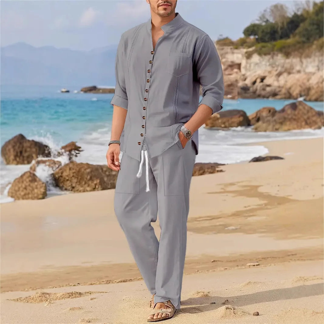 Polyester Blend Shirt – Cuban Collar And Roll Sleeve Fit