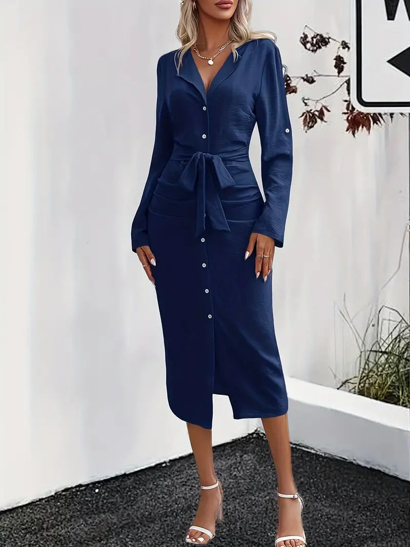 Polyester Blend Shirt Dress – Button Front & Shaped Waist