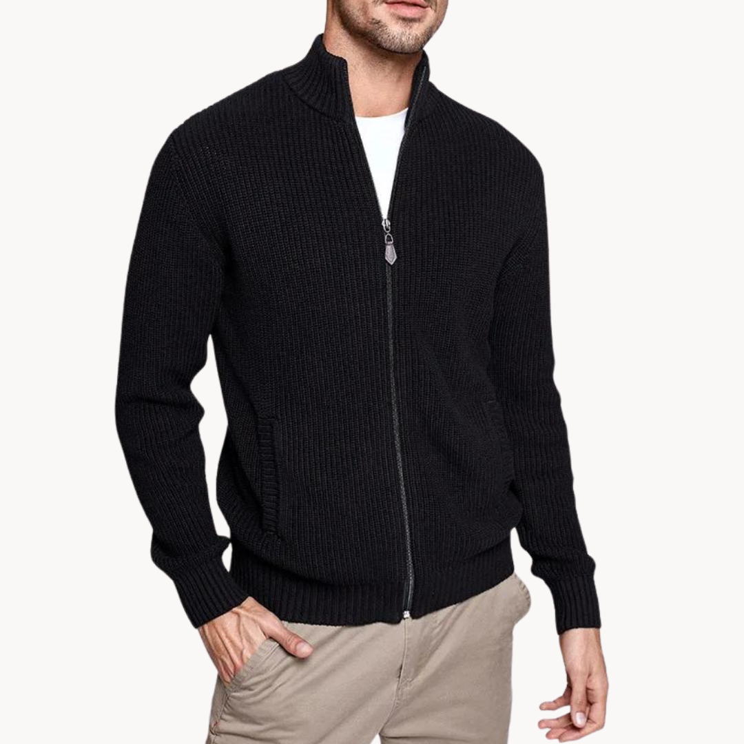 Polyester Blend Sweater - Horizontal Ribbed & Zip Neck