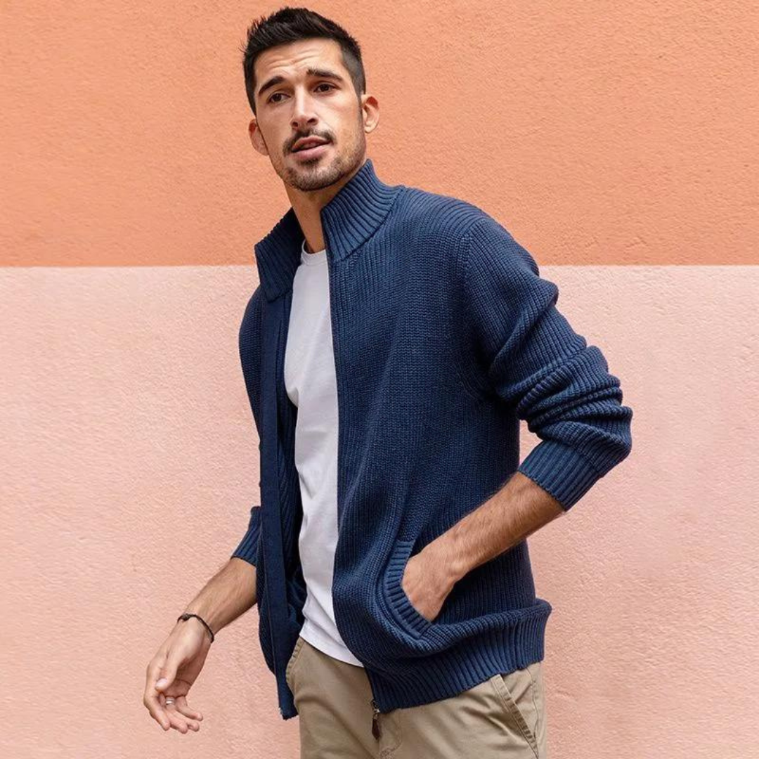 Polyester Blend Sweater - Horizontal Ribbed & Zip Neck