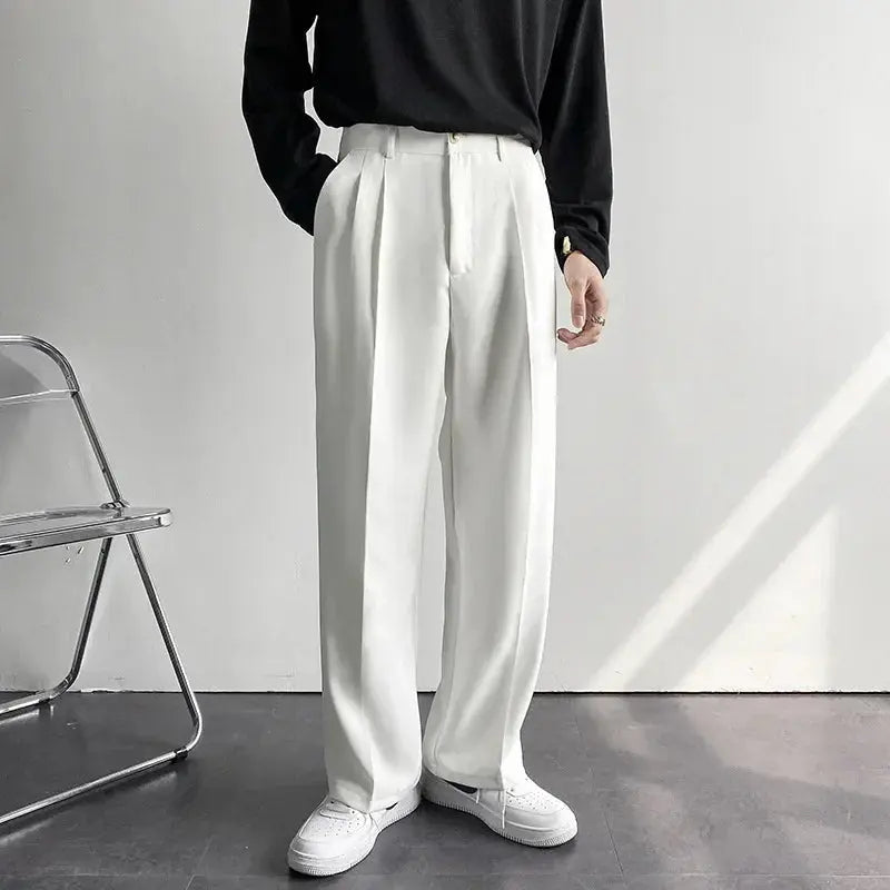 Polyester Blend Trousers - Wide Leg Pleats & Neat Fall