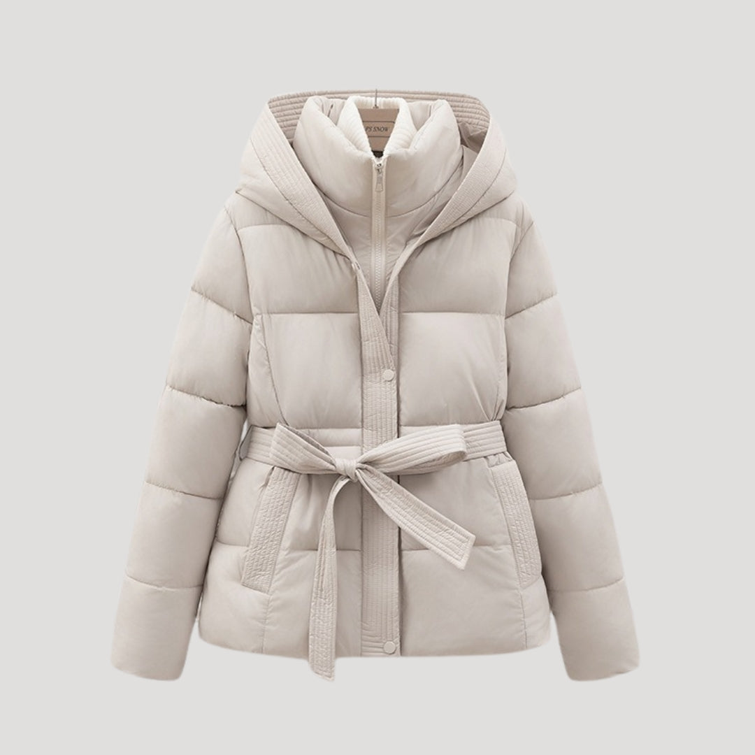 Puffer Jacket - Quilted Hooded Design And Belted Warmth