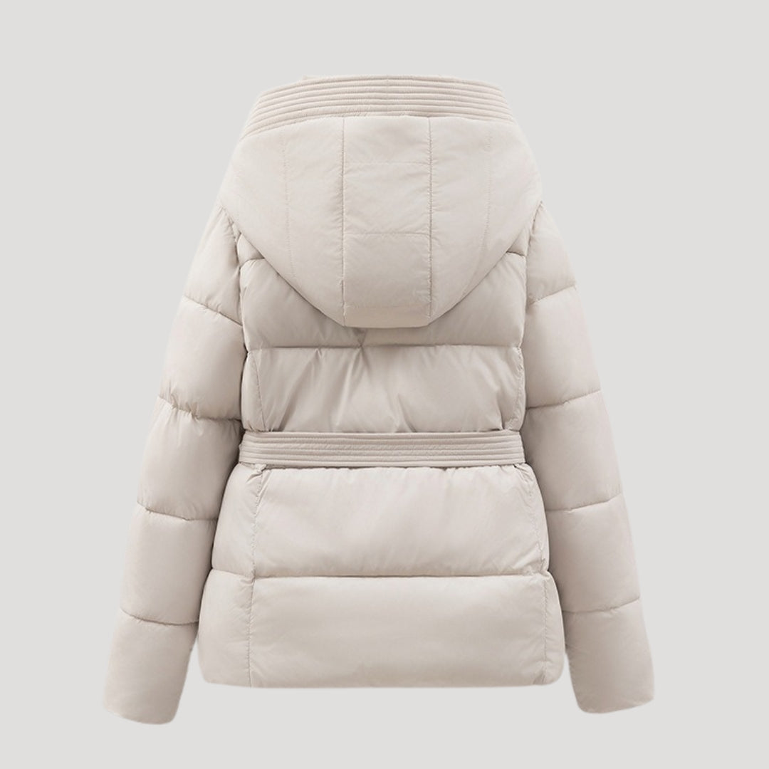 Puffer Jacket - Quilted Hooded Design And Belted Warmth