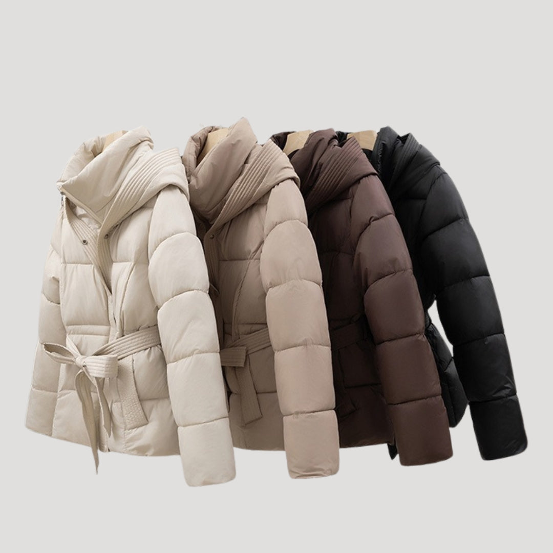 Puffer Jacket - Quilted Hooded Design And Belted Warmth