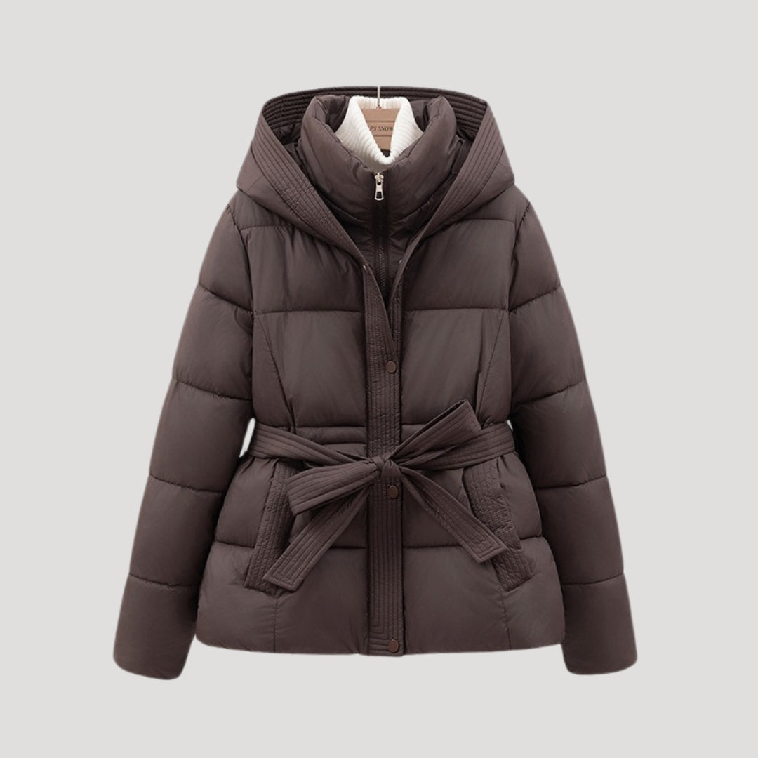 Puffer Jacket - Quilted Hooded Design And Belted Warmth