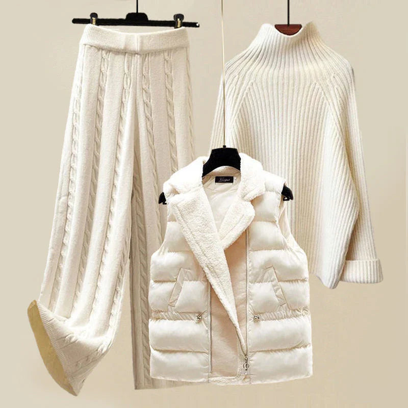 Pullover Set - Knit Blend Crew Neck And Wind Resistant Vest