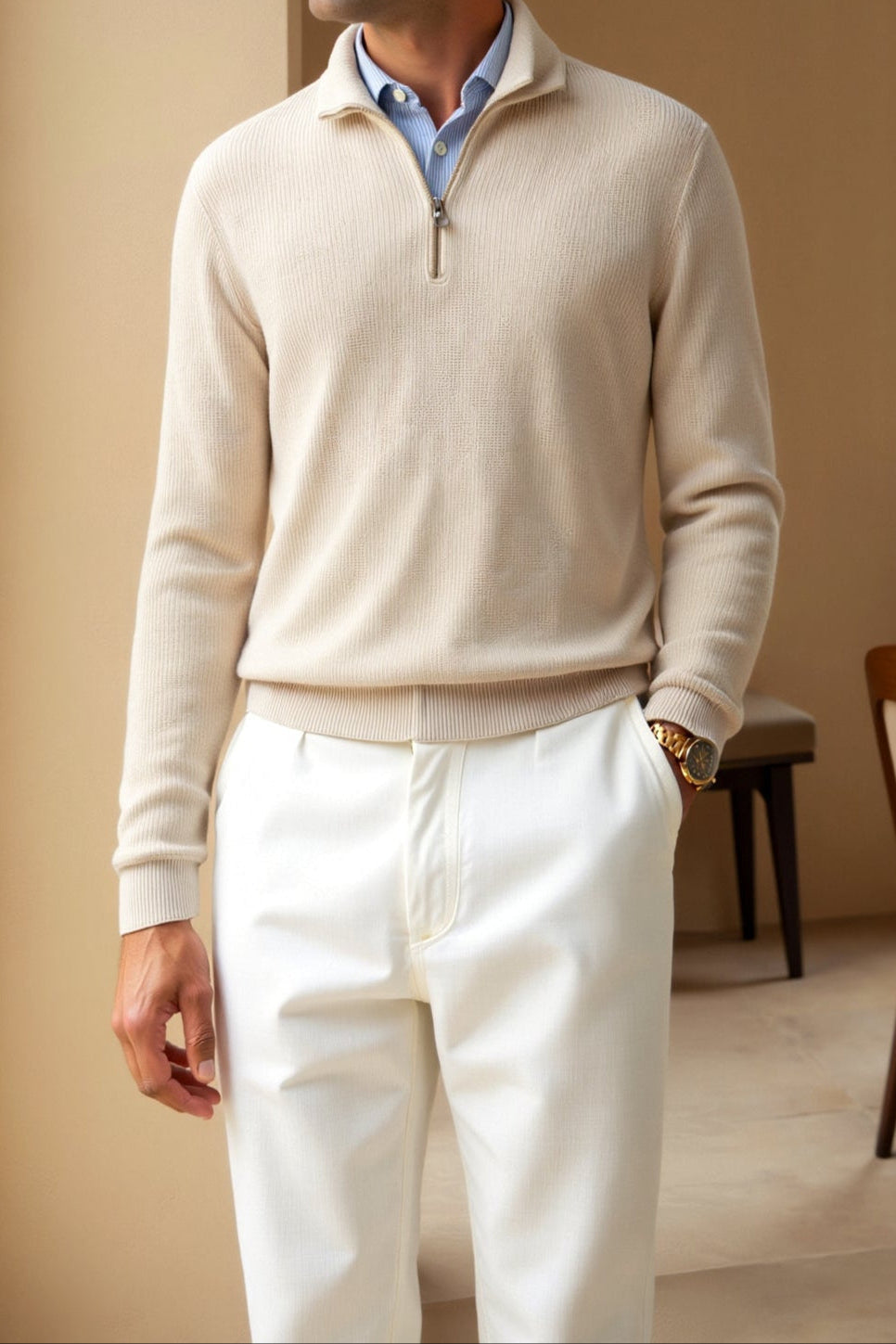 Quarter Zip Sweater - Knit-Blend High Collar & Flex Shape