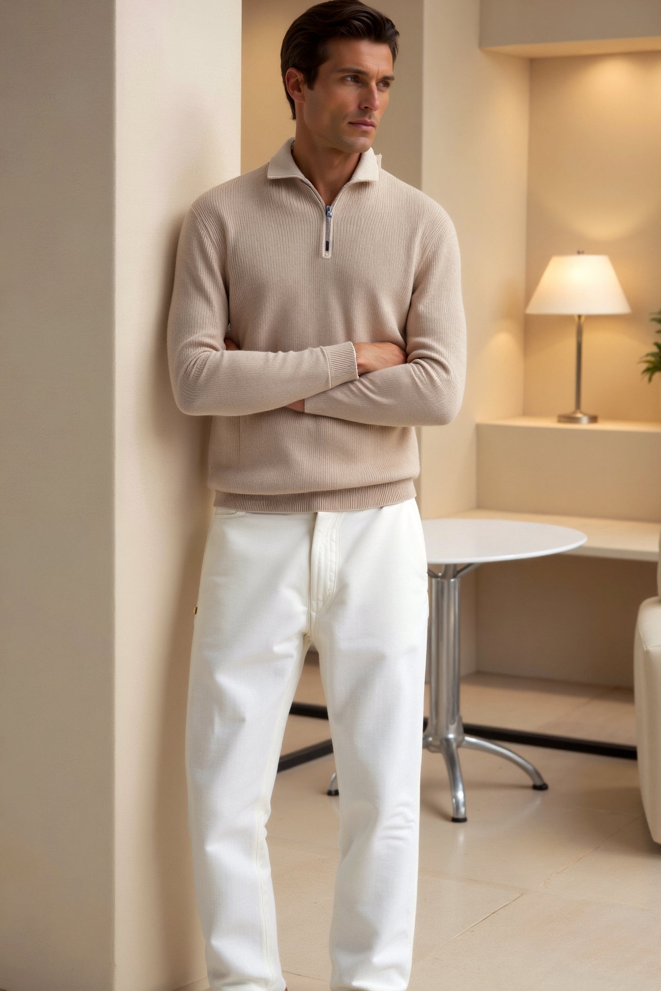 Quarter Zip Sweater - Knit-Blend High Collar & Flex Shape